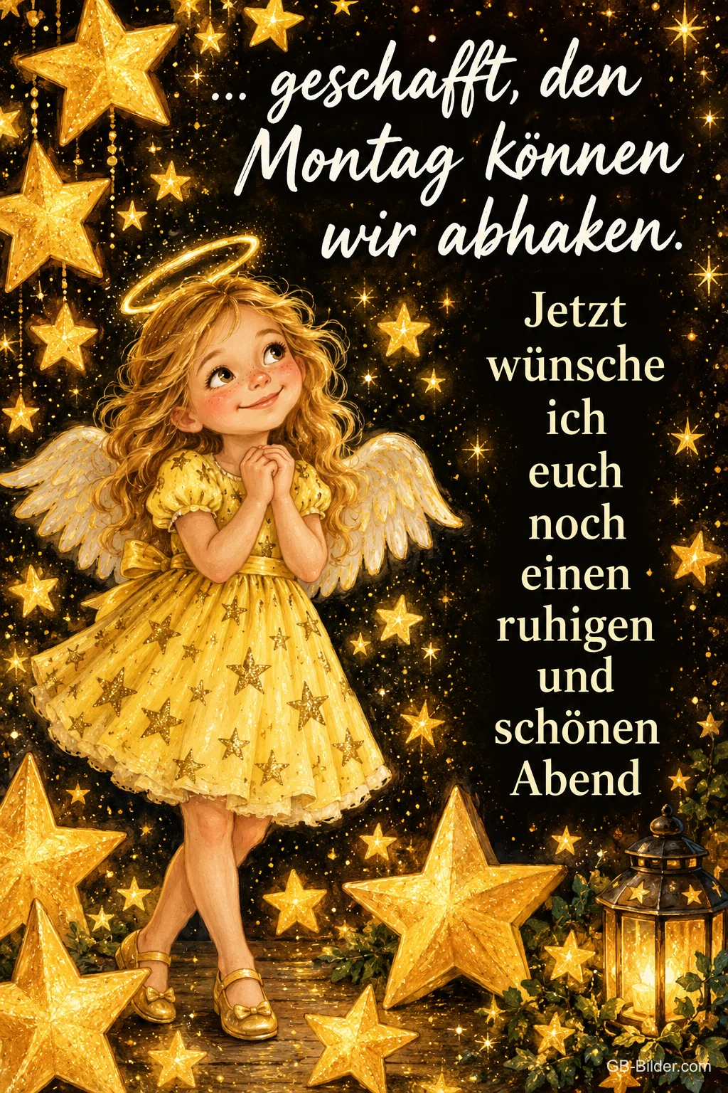 Kleiner Engel im goldenen Kleid zwischen goldenen Sternen, Text: … geschafft, den Montag können wir abhaken. Jetzt wünsche ich euch noch einen ruhigen und schönen Abend