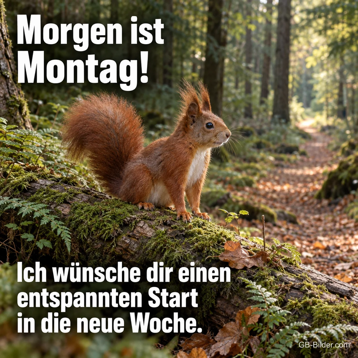 Eichhörnchen auf einem Baumstamm, Text: Morgen ist Montag! Eichhörnchen auf einem Baumstamm, Text: Morgen ist Montag!