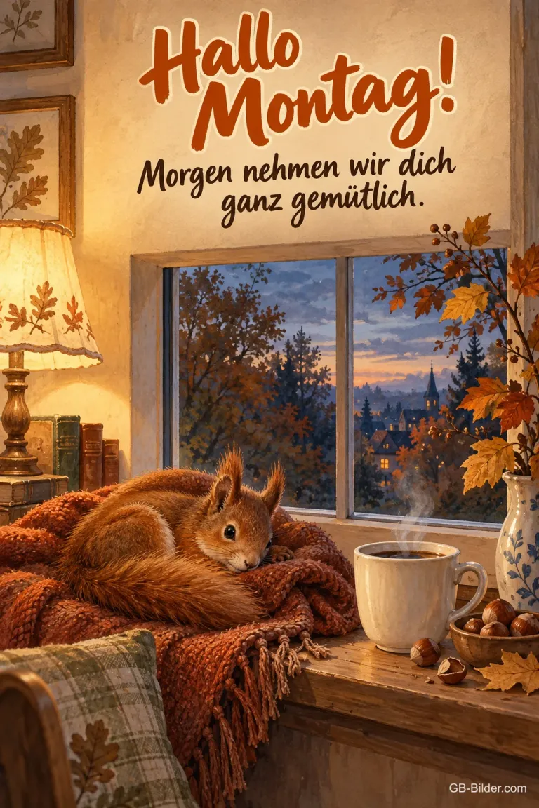 Schlafendes Eichhörnchen am Fenster, Text: Hallo Montag!