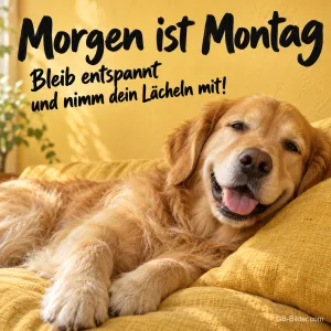 Lachender Golden Retriever auf dem Sofa, Text: Morgen ist Montag
