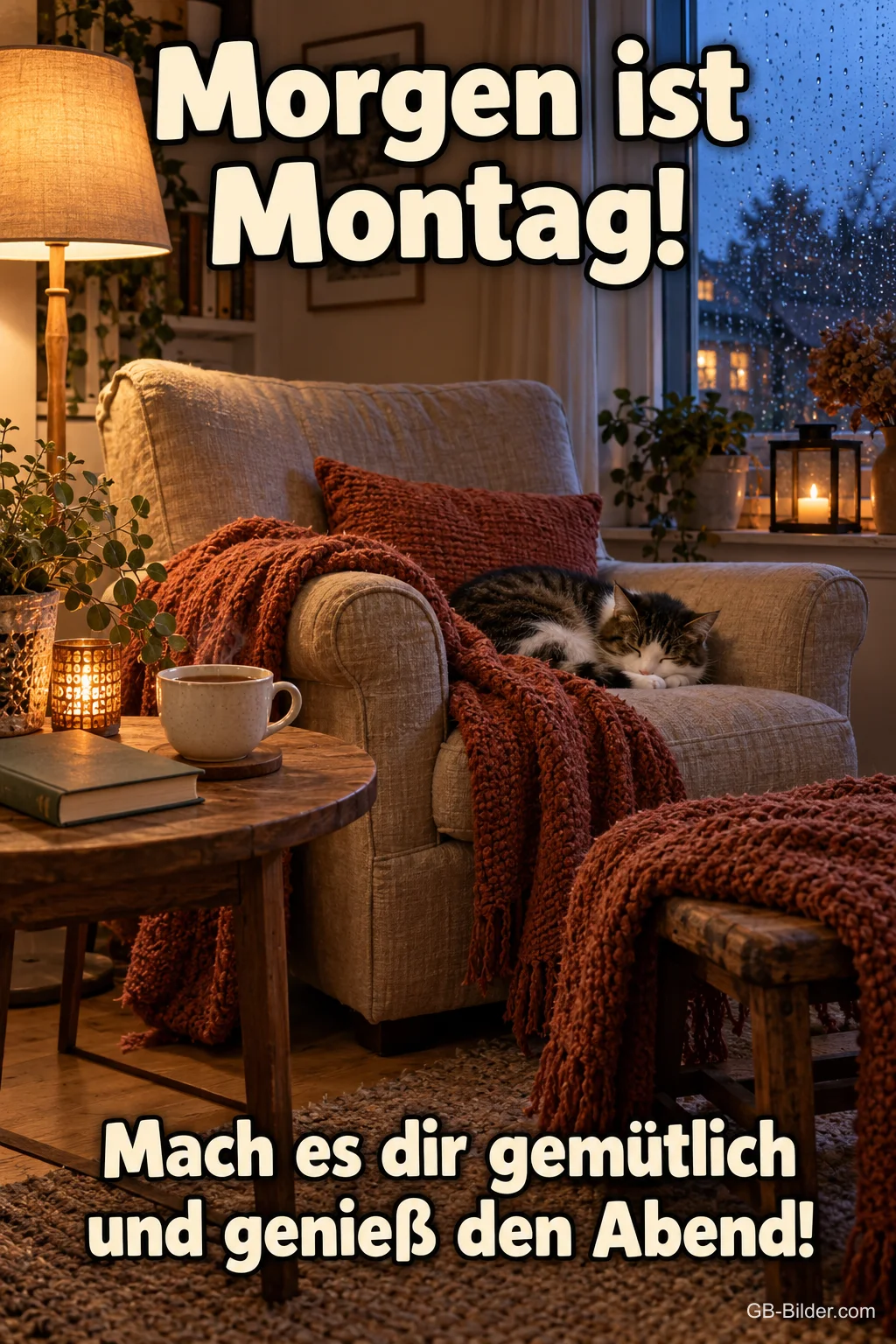 Gemütlicher Sessel mit Katze, Text: Morgen ist Montag! Gemütlicher Sessel mit Katze, Text: Morgen ist Montag!