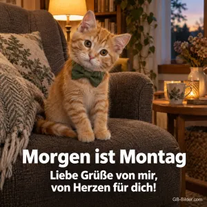 Kätzchen mit Fliege im Sessel, Text: Morgen ist Montag