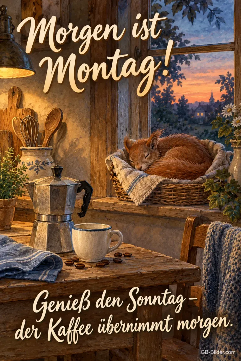 Espressokanne in der Küche, lustiger Text: Morgen ist Montag!