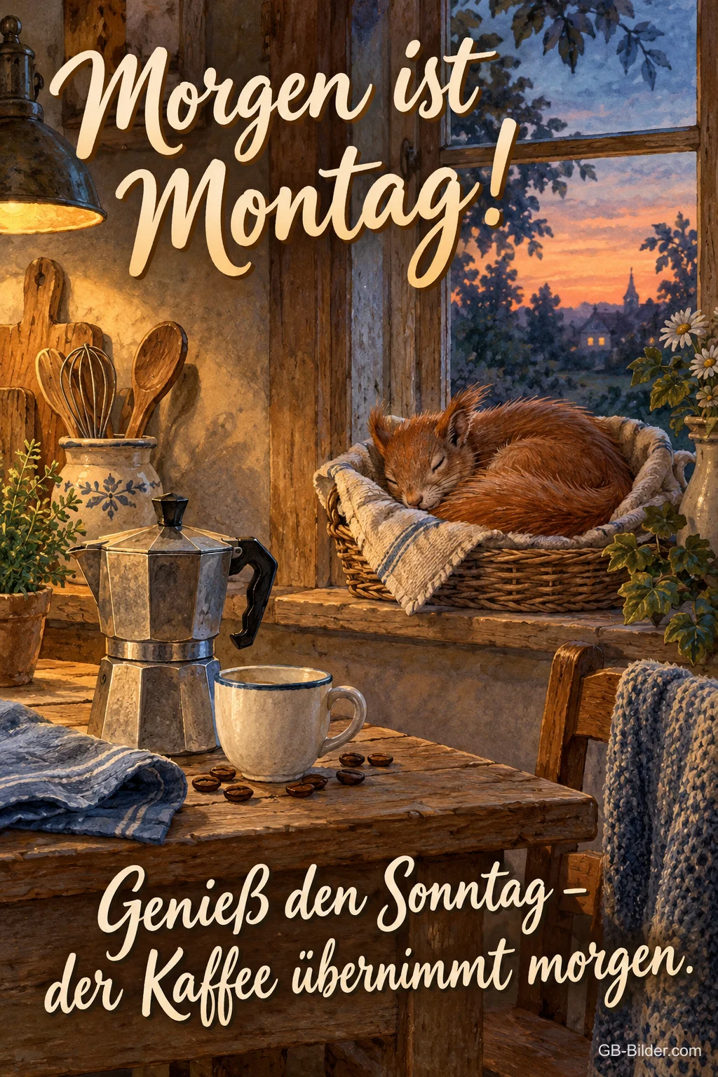 Espressokanne in der Küche, lustiger Text: Morgen ist Montag! Espressokanne in der Küche, lustiger Text: Morgen ist Montag!