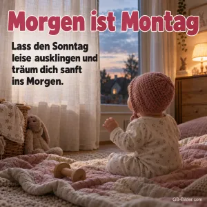 Baby am Fenster im Abendlicht, Text: Morgen ist Montag