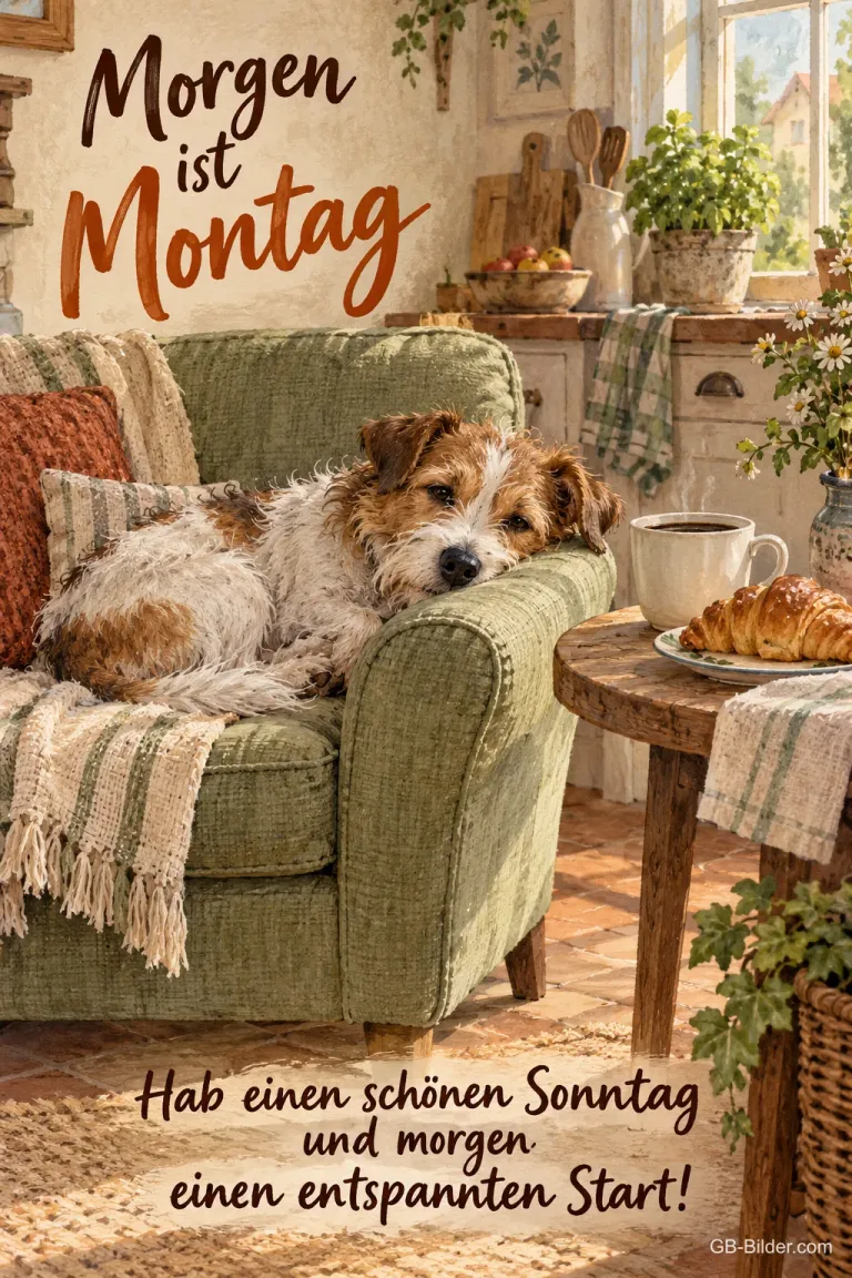 Dösender Terrier im Sessel, Text: Morgen ist Montag