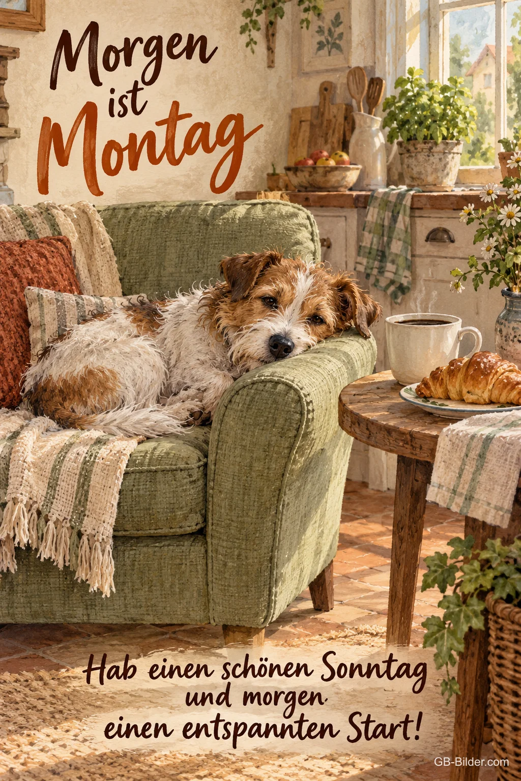 Dösender Terrier im Sessel, Text: Morgen ist Montag Dösender Terrier im Sessel, Text: Morgen ist Montag