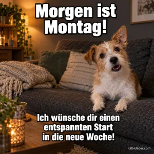Terrier auf dem Sofa, Text: Morgen ist Montag!
