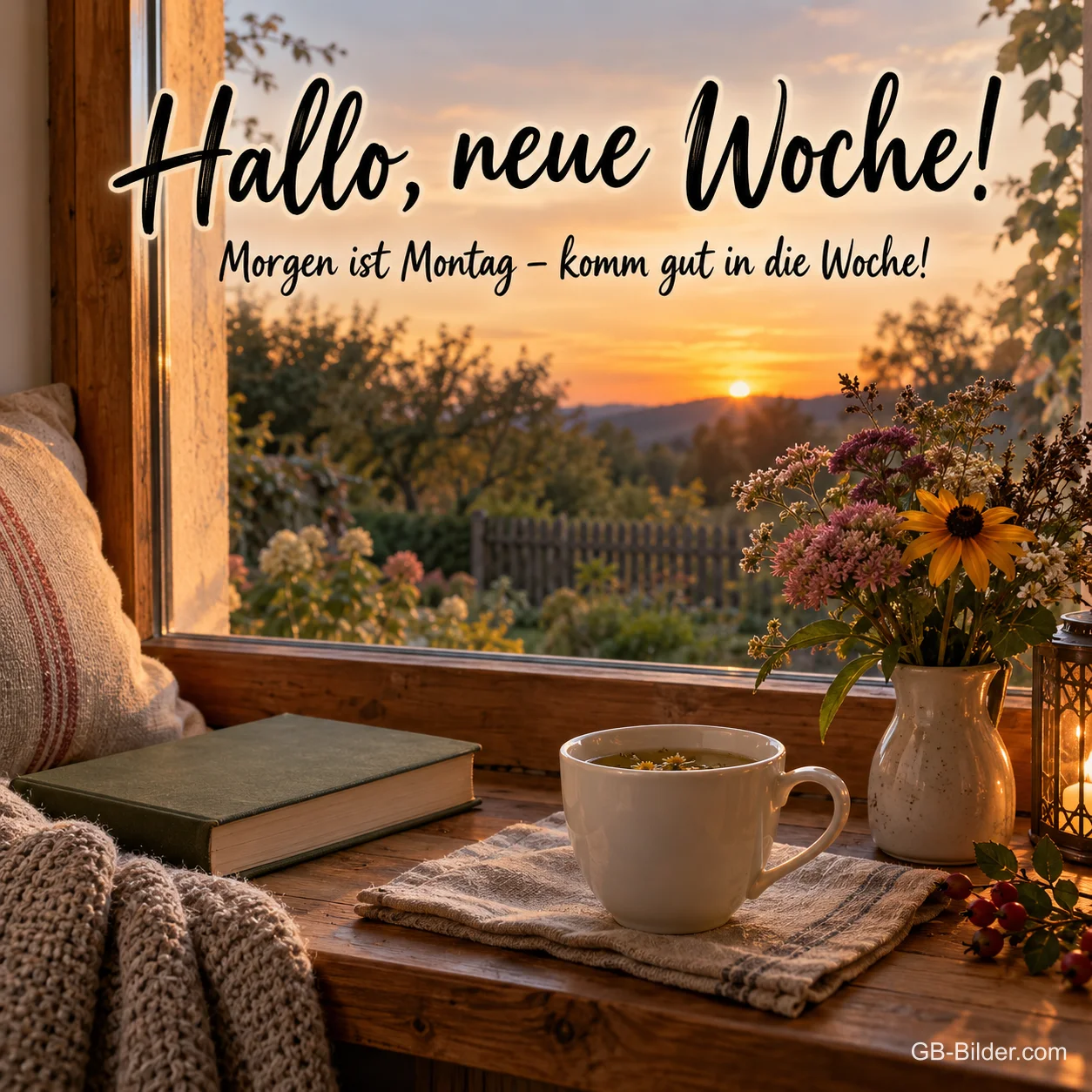 Tasse Tee am Fenster im Abendlicht, Text: Hallo, neue Woche! Tasse Tee am Fenster im Abendlicht, Text: Hallo, neue Woche!