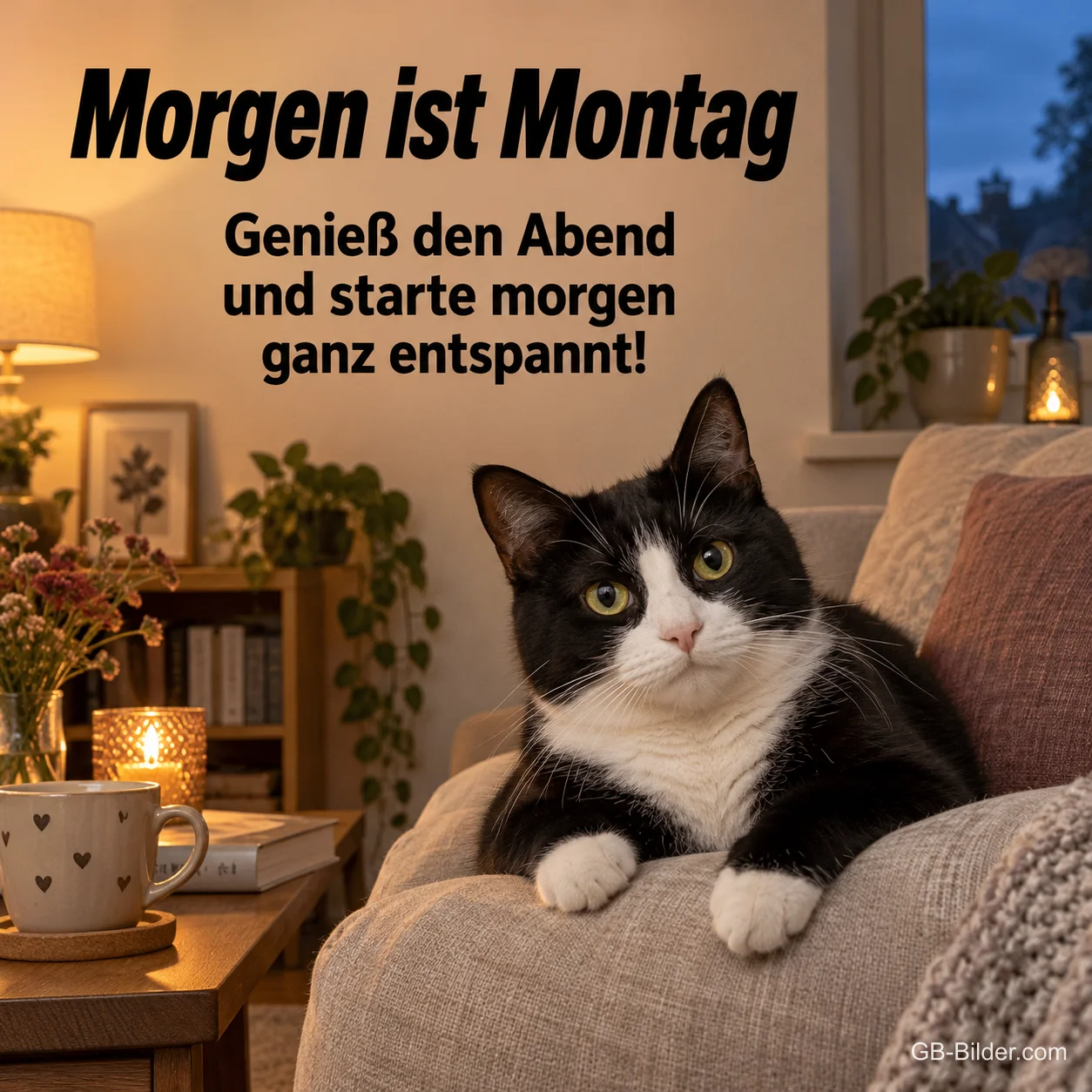 Schwarz-weiße Katze auf dem Sofa, Text: Morgen ist Montag Schwarz-weiße Katze auf dem Sofa, Text: Morgen ist Montag