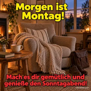 Sessel am Kamin, Text: Morgen ist Montag!