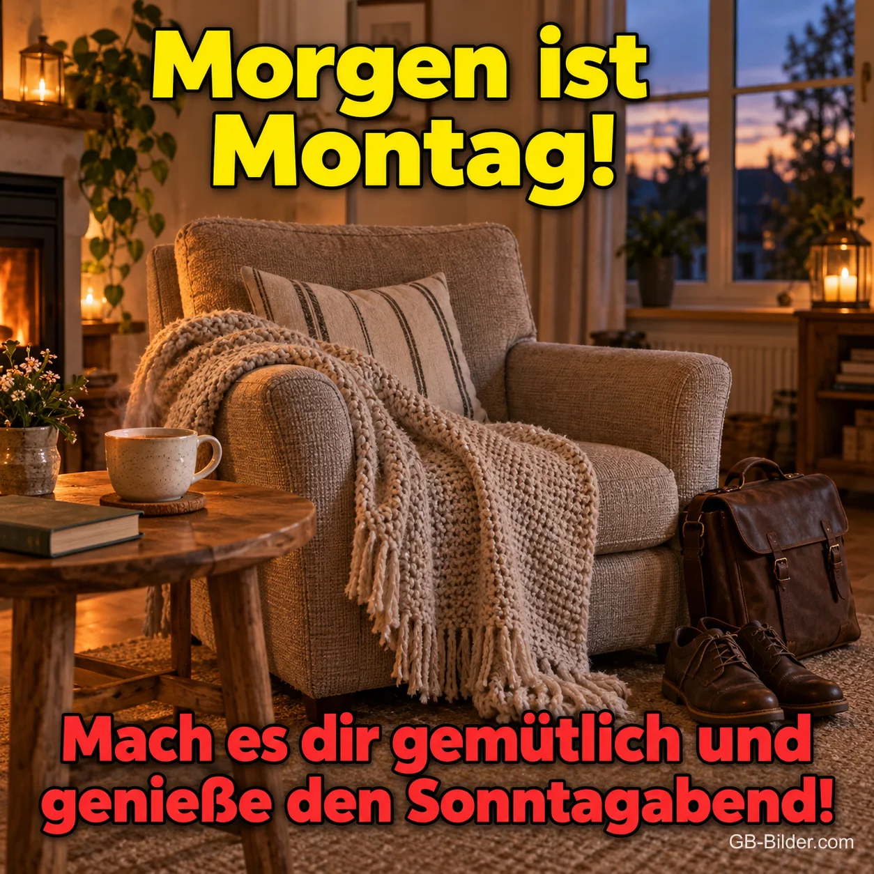Sessel am Kamin, Text: Morgen ist Montag! Sessel am Kamin, Text: Morgen ist Montag!