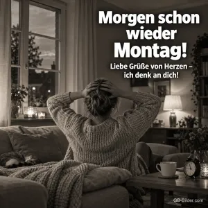 Frau mit Händen am Kopf im Wohnzimmer, Text: Morgen schon wieder Montag!