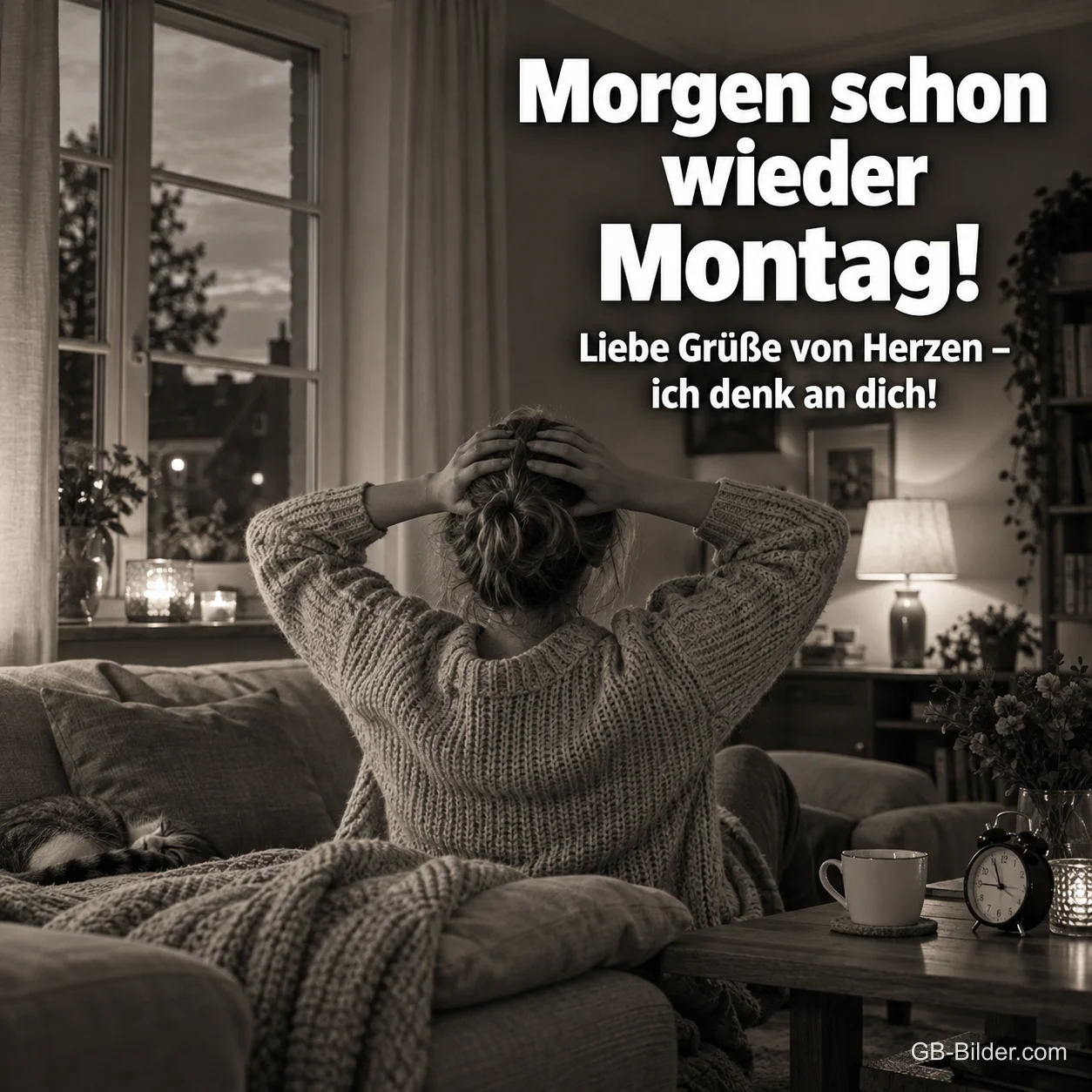 Frau mit Händen am Kopf im Wohnzimmer, Text: Morgen schon wieder Montag! Frau mit Händen am Kopf im Wohnzimmer, Text: Morgen schon wieder Montag!