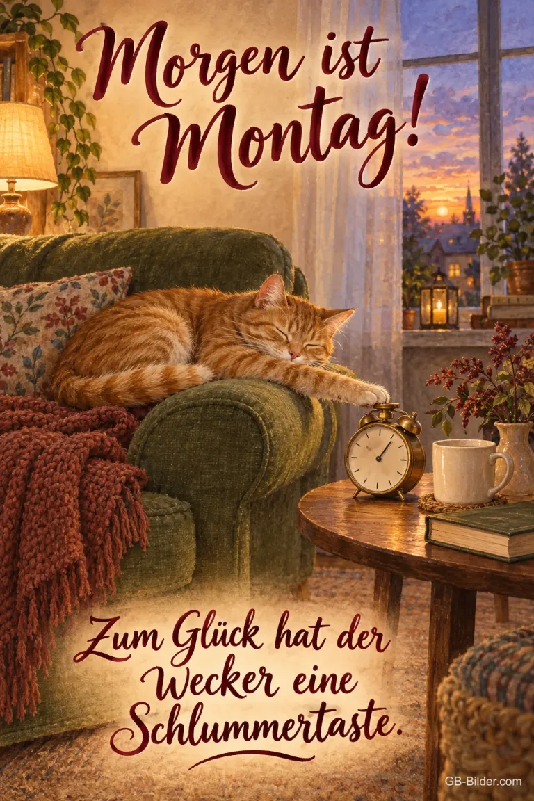 Schlafende Katze neben einem Wecker, lustiger Text: Morgen ist Montag!
