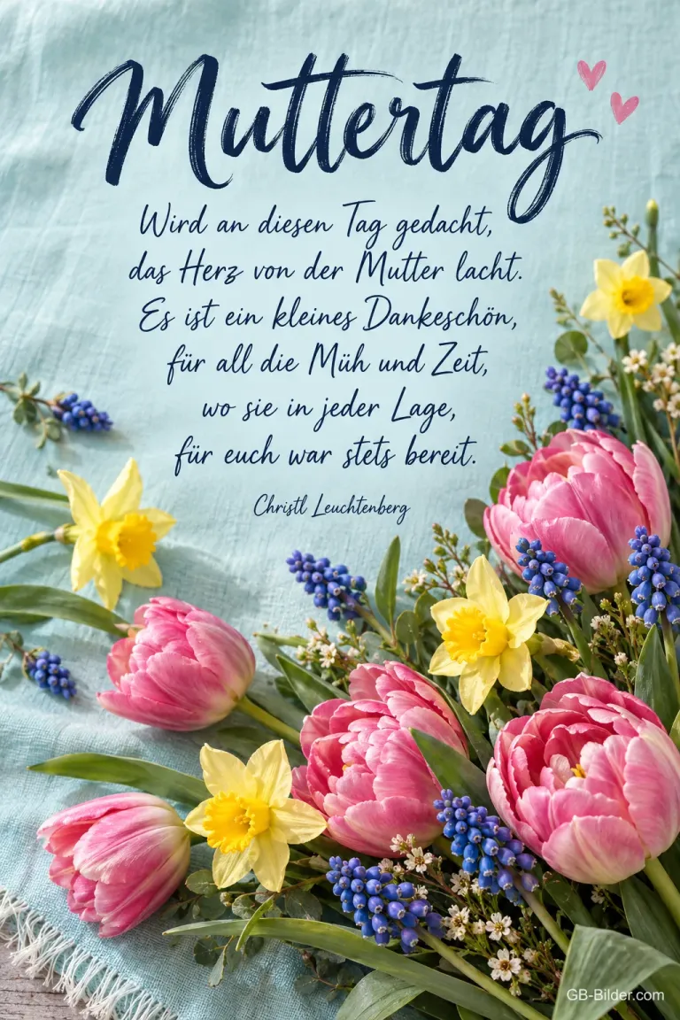 Tulpen, Narzissen und Traubenhyazinthen auf einem Tuch, Text: Muttertag – Wird an diesen Tag gedacht, das Herz von der Mutter lacht. Es ist ein kleines Dankeschön, für all die Müh und Zeit, wo sie in jeder Lage, für euch war stets bereit. – Christl Leuchtenberg