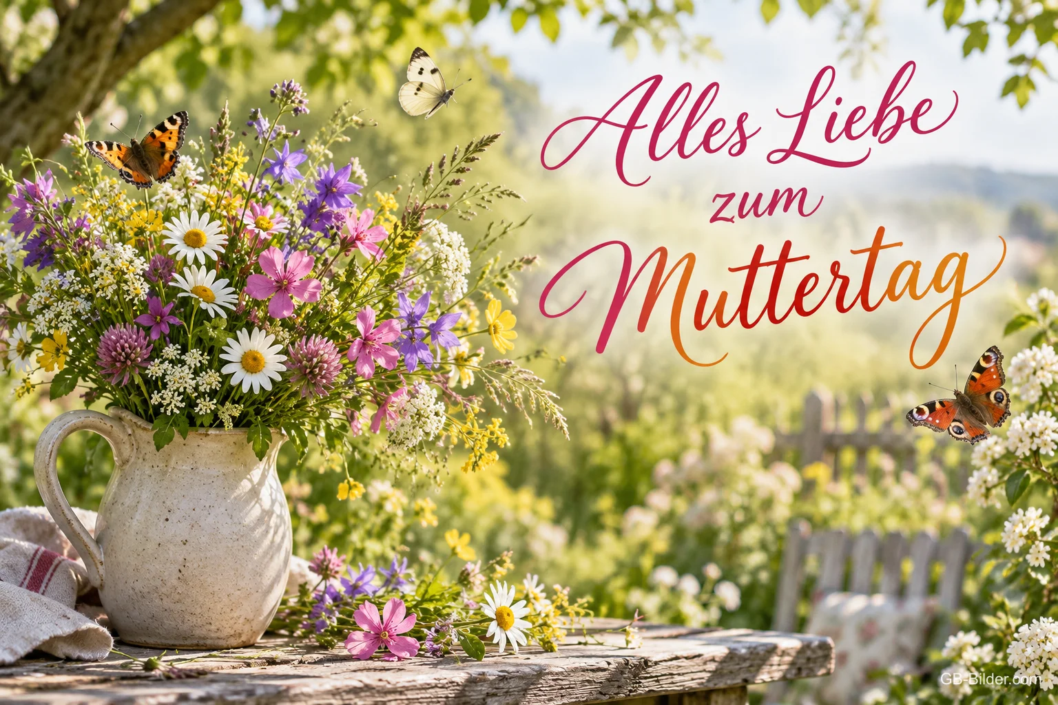 Wiesenblumen in einem Krug mit Schmetterlingen, Text: Alles Liebe zum Muttertag
