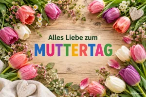 Bunte Tulpen umrahmen eine Holztafel, Text: Alles Liebe zum MUTTERTAG