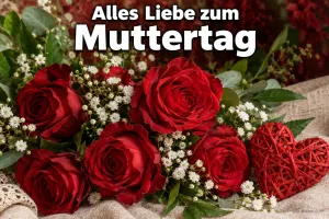 Rote Rosen mit Schleierkraut und Herz, Text: Alles Liebe zum Muttertag