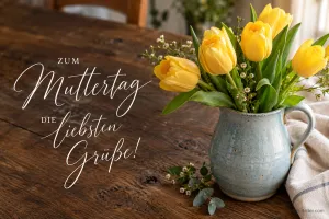 Gelbe Tulpen in einem Krug auf einem Holztisch, Text: Zum Muttertag – die liebsten Grüße!