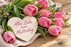 Rosa Tulpenstrauß mit Herzanhänger, Text: Alles Liebe zum Muttertag