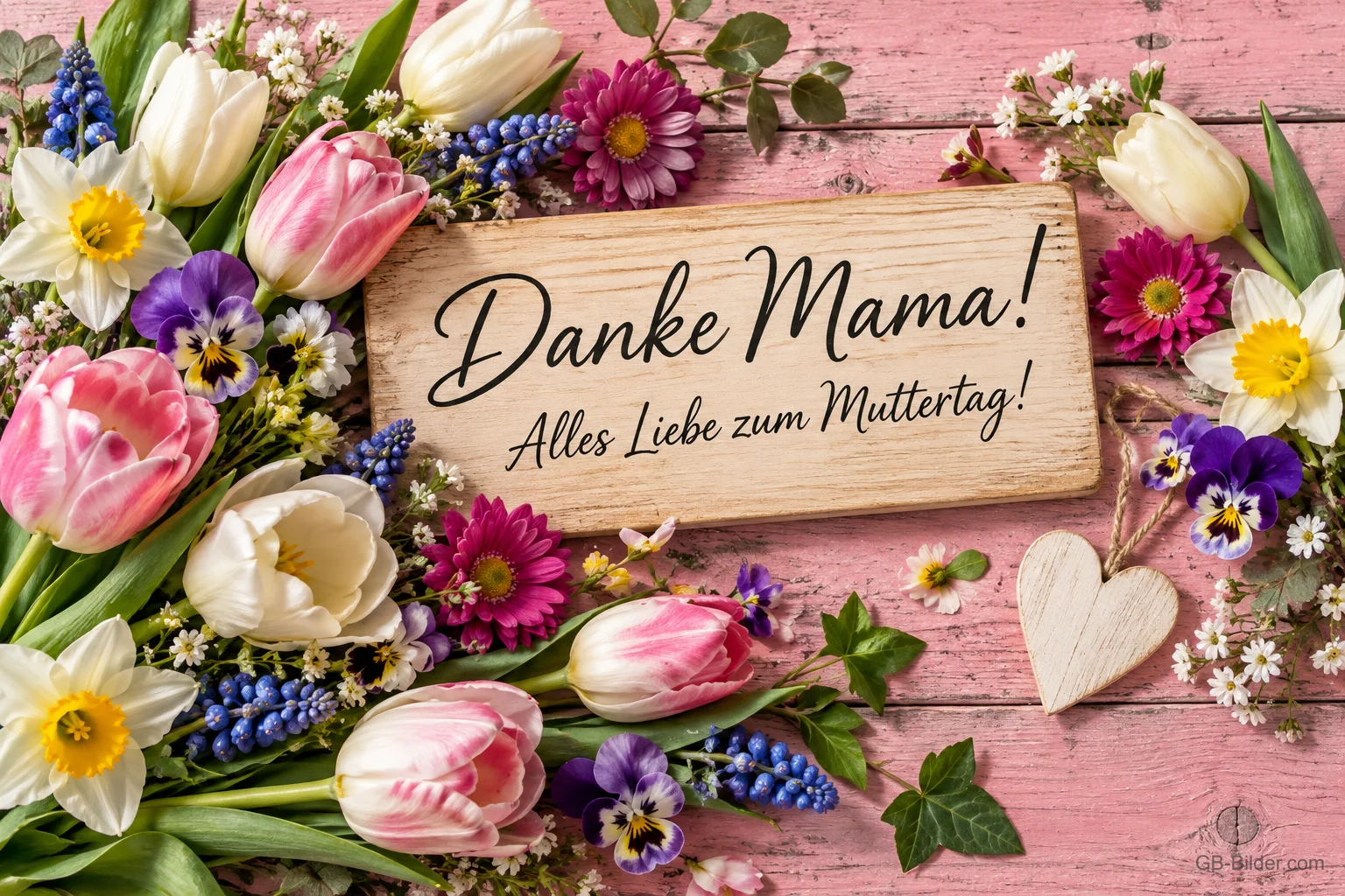 Holzschild zwischen Tulpen, Narzissen und Stiefmütterchen, Text: Danke Mama! – Alles Liebe zum Muttertag!