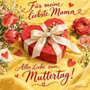 Rote Herzschachtel mit Schleife zwischen Rosen und Tulpen, Text: Für meine liebste Mama – Alles Liebe zum Muttertag!