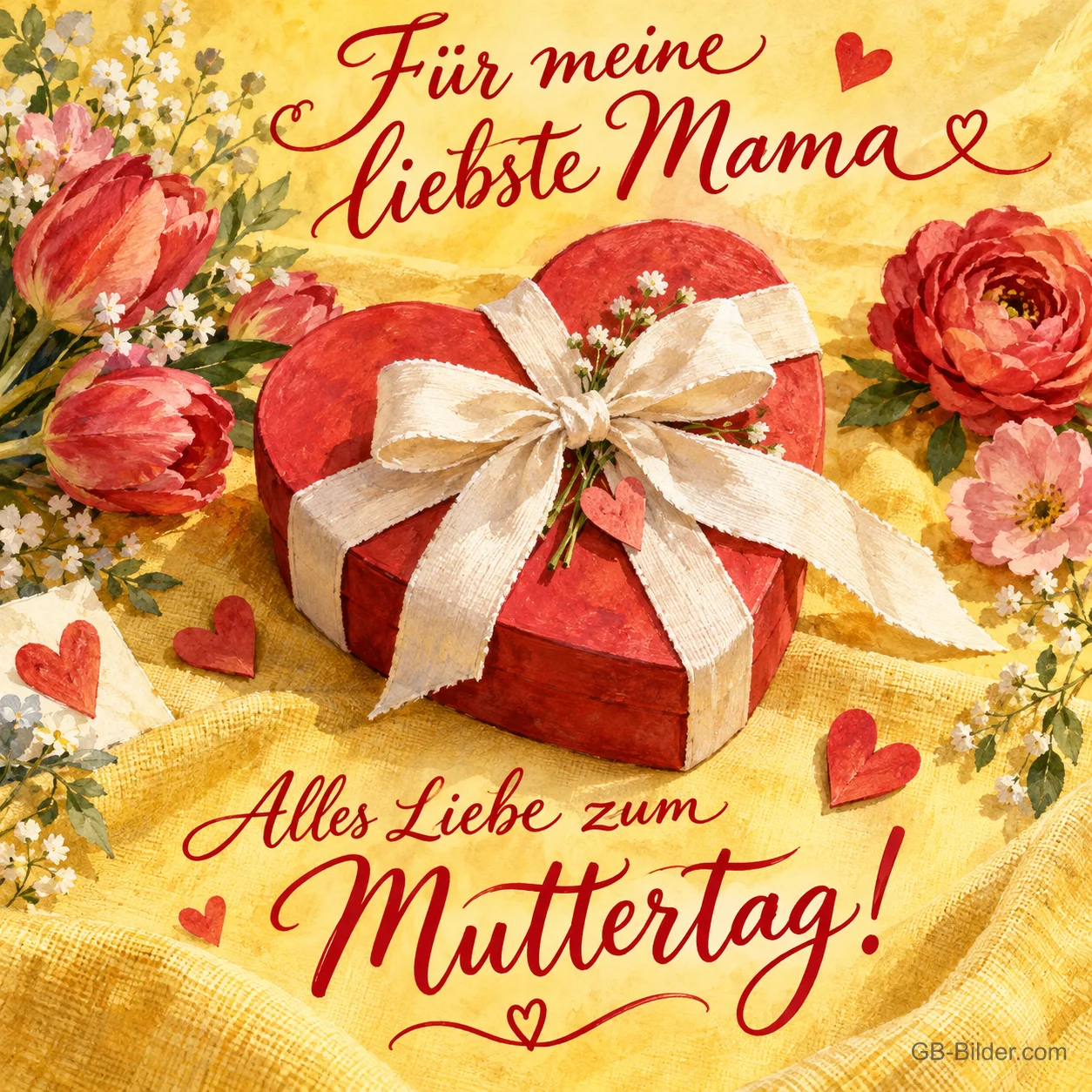 Rote Herzschachtel mit Schleife zwischen Rosen und Tulpen, Text: Für meine liebste Mama – Alles Liebe zum Muttertag!