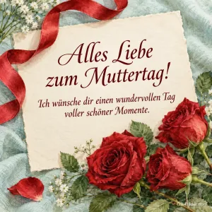 Karte mit roter Schleife und roten Rosen, Text: Alles Liebe zum Muttertag! – Ich wünsche dir einen wundervollen Tag voller schöner Momente.