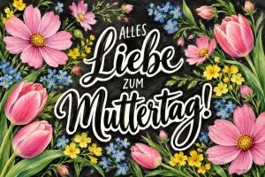 Tulpen, Schmuckkörbchen und Vergissmeinnicht um Schrift auf Dunkel, Text: Alles Liebe zum Muttertag!