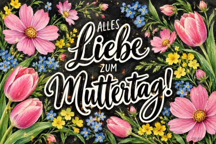 Tulpen, Schmuckkörbchen und Vergissmeinnicht um Schrift auf Dunkel, Text: Alles Liebe zum Muttertag!