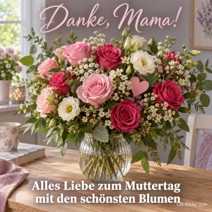 Strauß aus Rosen und Schleierkraut in einer Vase, Text: Danke, Mama! – Alles Liebe zum Muttertag mit den schönsten Blumen