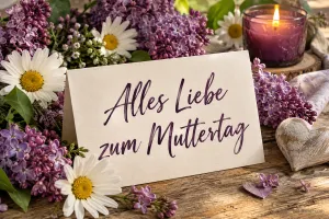 Karte zwischen Flieder, Margeriten und Kerze, Text: Alles Liebe zum Muttertag