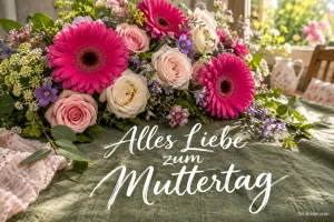 Strauß aus Gerbera und Rosen auf einem Tisch, Text: Alles Liebe zum Muttertag