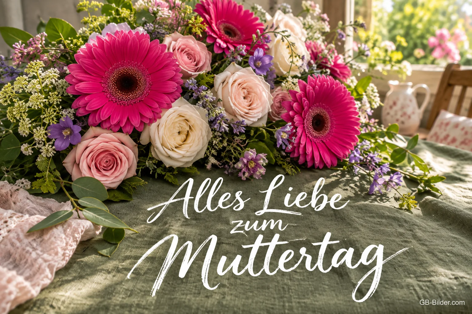 Strauß aus Gerbera und Rosen auf einem Tisch, Text: Alles Liebe zum Muttertag