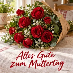 Strauß roter Rosen in Packpapier, Text: Alles Gute zum Muttertag