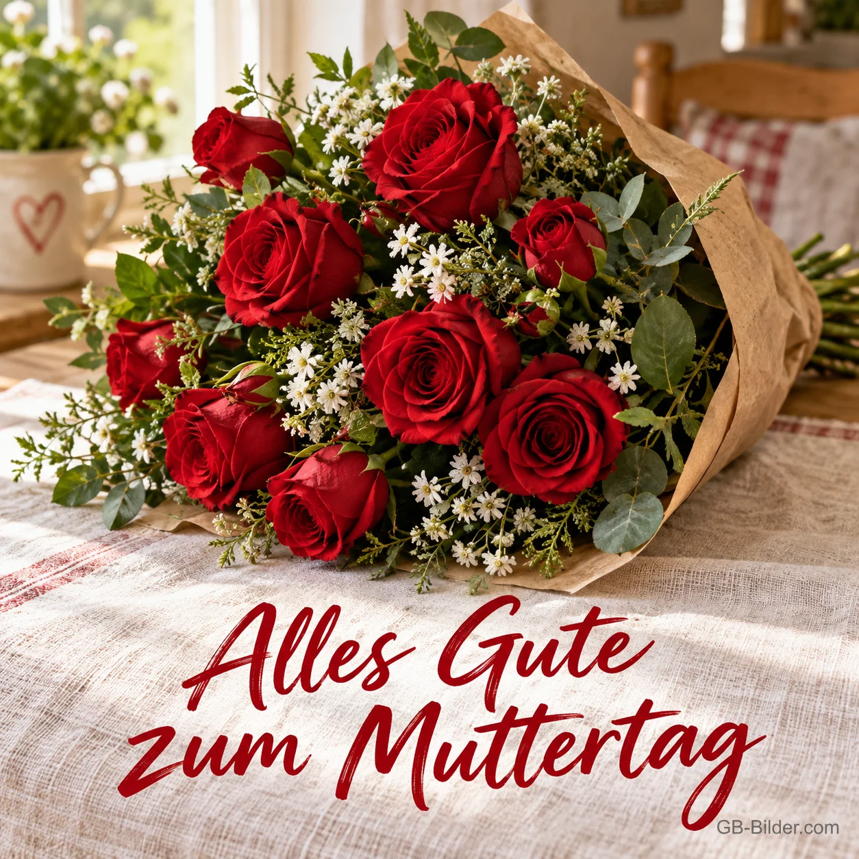 Strauß roter Rosen in Packpapier, Text: Alles Gute zum Muttertag