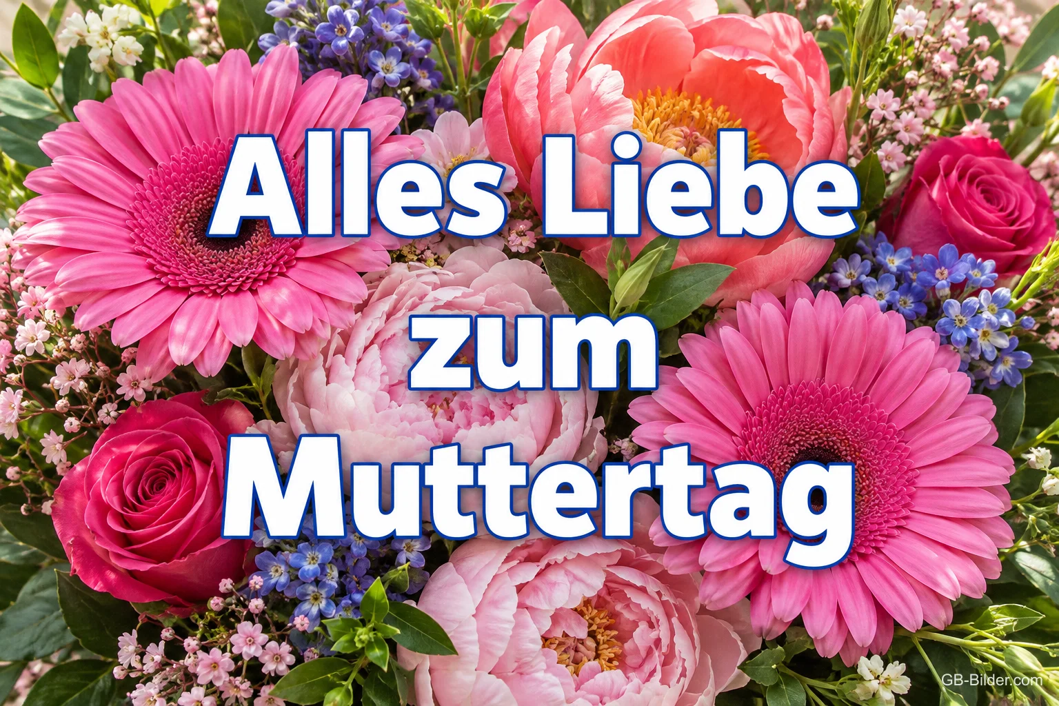 Pinke Gerbera, Rosen und Pfingstrosen, Text: Alles Liebe zum Muttertag