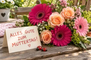 Karte zwischen Gerbera, Rosen und Marienkäfern, Text: Alles Gute zum Muttertag!