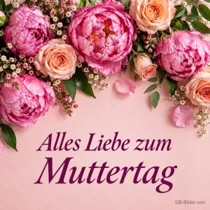 Rosa Pfingstrosen und Rosen auf rosa Grund, Text: Alles Liebe zum Muttertag