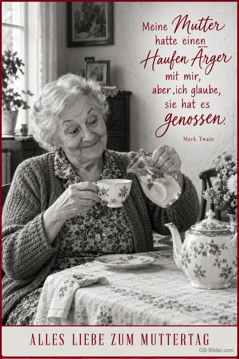 Ältere Frau schenkt sich am Tisch Tee ein, Text: Meine Mutter hatte einen Haufen Ärger mit mir, aber ich glaube, sie hat es genossen. – Mark Twain – Alles Liebe zum Muttertag