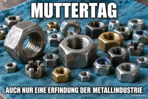 Viele Schraubenmuttern auf einem blauen Tuch, Text: MUTTERTAG – Auch nur eine Erfindung der Metallindustrie
