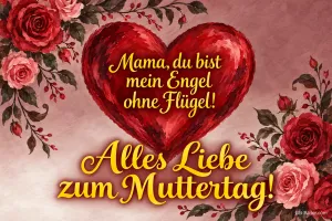 Rotes Herz zwischen Rosen auf rosa Grund, Text: Mama, du bist mein Engel ohne Flügel! – Alles Liebe zum Muttertag!