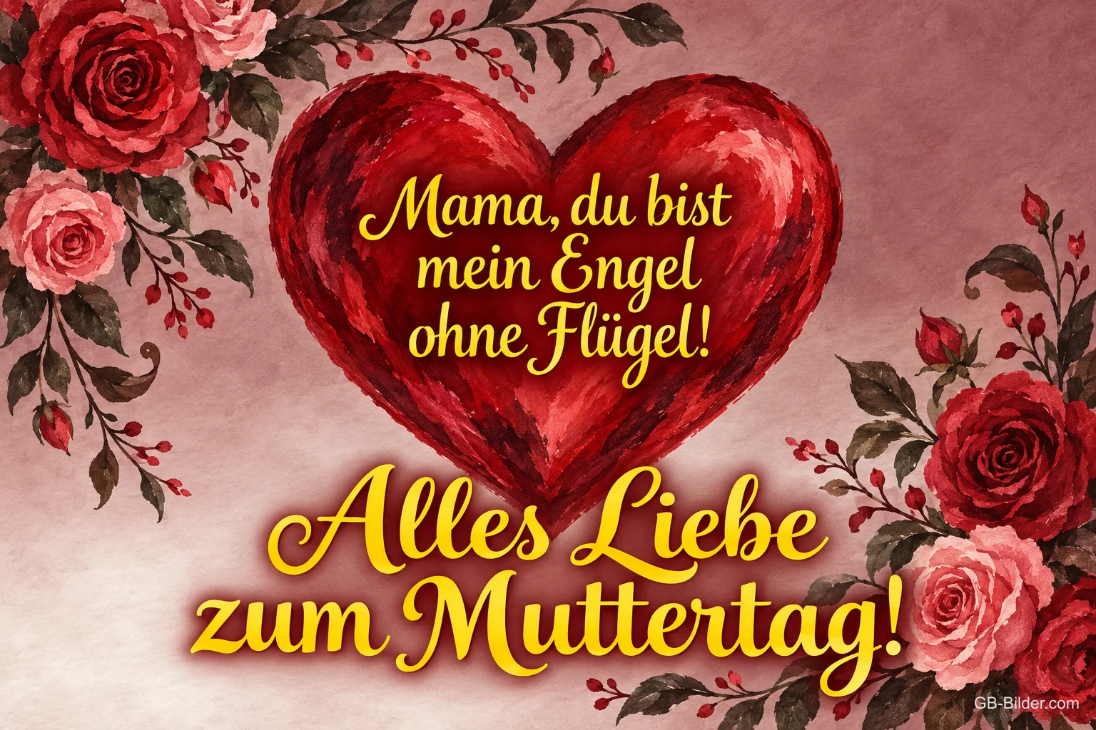 Rotes Herz zwischen Rosen auf rosa Grund, Text: Mama, du bist mein Engel ohne Flügel! – Alles Liebe zum Muttertag!