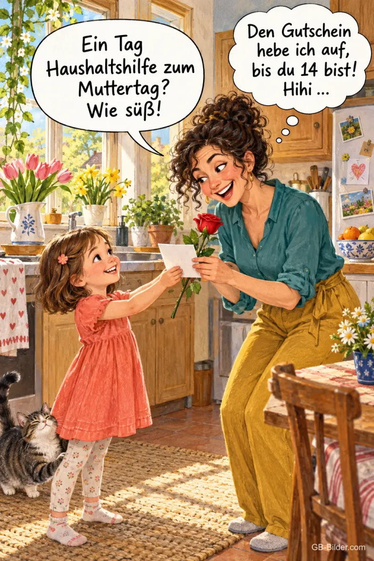 Mädchen überreicht der Mutter einen Gutschein und eine Rose in der Küche, Text: Ein Tag Haushaltshilfe zum Muttertag? Wie süß! – Den Gutschein hebe ich auf, bis du 14 bist! Hihi …