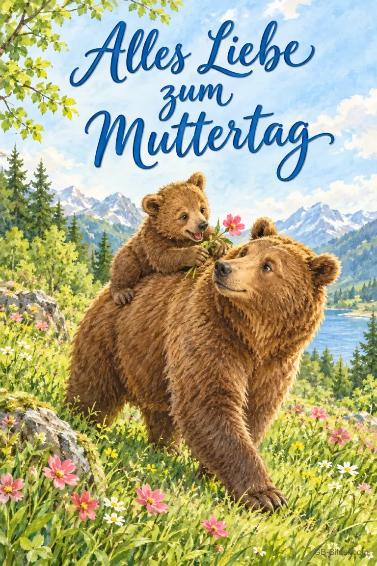 Bärenjunges reitet mit Blume auf dem Rücken der Bärenmutter, Text: Alles Liebe zum Muttertag