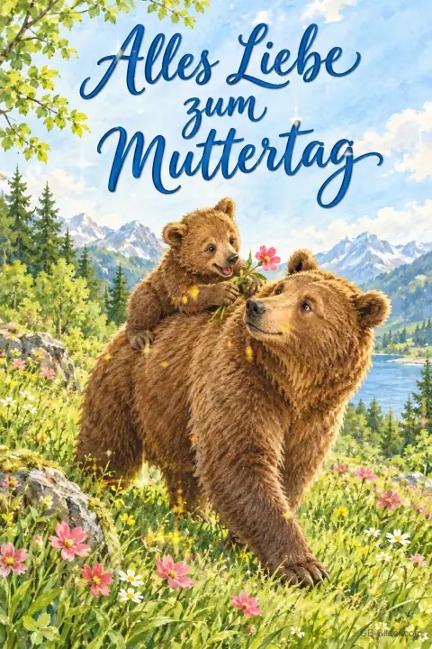Bärenjunges reitet mit Blume auf dem Rücken der Bärenmutter, Text: Alles Liebe zum Muttertag