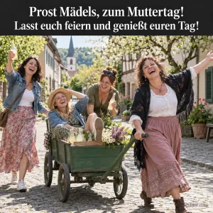 Vier lachende Frauen ziehen einen Bollerwagen mit Getränken durch eine Altstadt, Text: Prost Mädels, zum Muttertag! – Lasst euch feiern und genießt euren Tag!