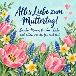 Tulpen, Narzissen und Traubenhyazinthen in Aquarell, Text: Alles Liebe zum Muttertag! – Danke, Mama, für deine Liebe und alles, was du für mich tust.