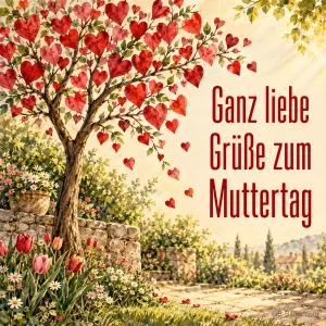 Baum mit roten Herzblättern in einem Frühlingsgarten, Text: Ganz liebe Grüße zum Muttertag